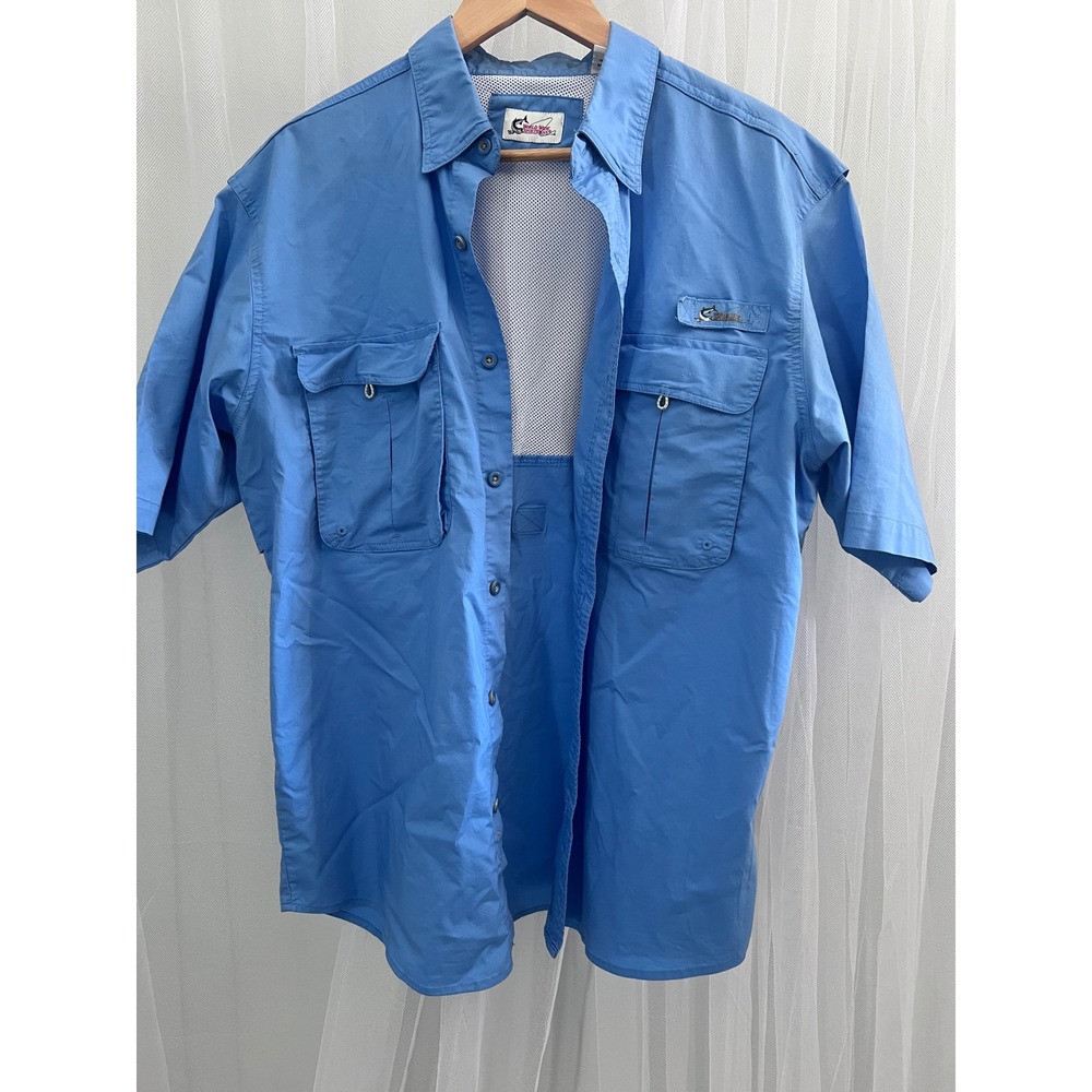 World Wide Sportsman Mens Large Blue Short Sleeve Vented Fishing Shirt Button Up